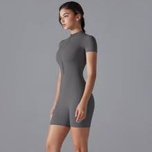 Load image into Gallery viewer, Summer Solid Color Zipper Short Sleeve Slim Fit Yoga Wear One Piece Women Dance Fitness Tight Sports Jumpsuit
